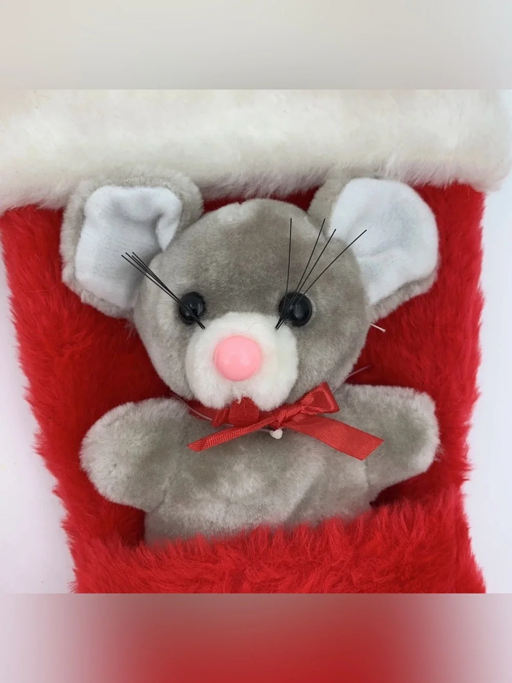 2 Vintage Santa’s Best Christmas Stockings 14” Small Mouse Cat Stuffed Animals.
